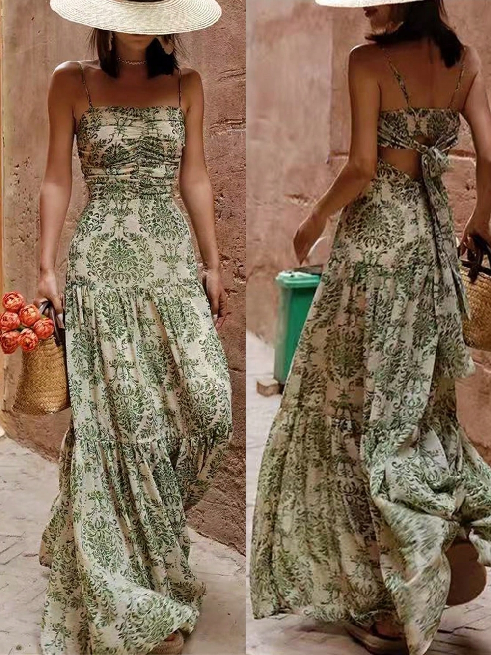 SHEIN Green Floral Print Tie-Back Maxi Dress